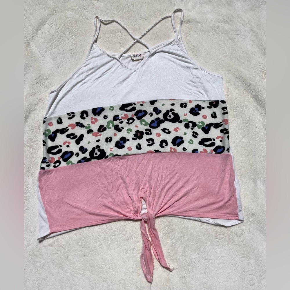 BiBi White Crisscross Tank Top with leopard print